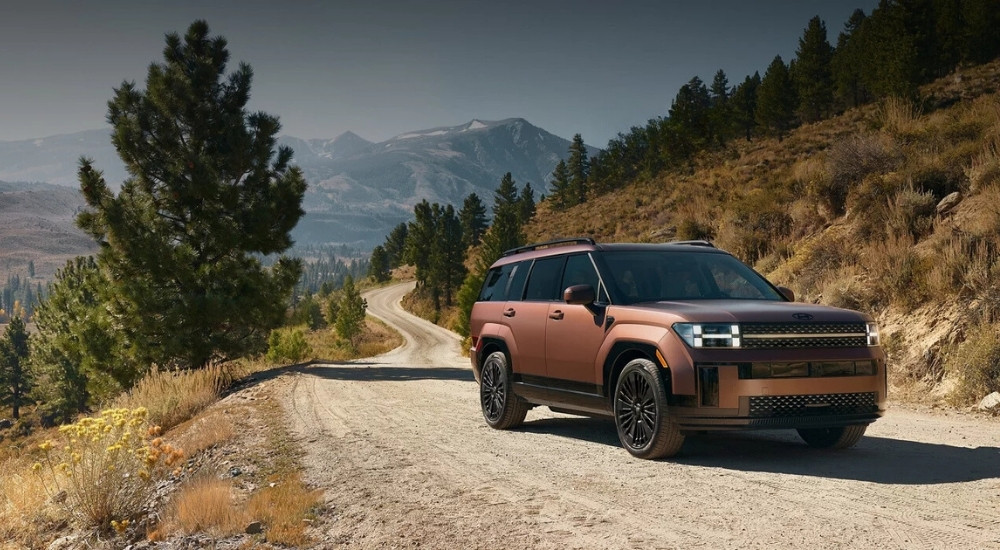 A bronze 2025 Hyundai Santa Fe is shown on a trail after visiting a Hyundai dealer near Libertyville.