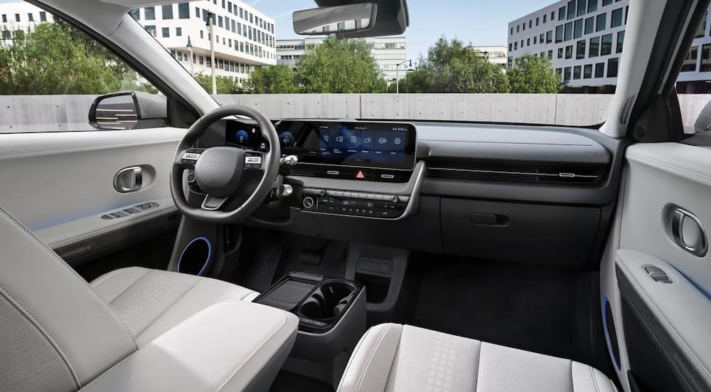 The white and gray interior and dash of a 2025 Hyundai IONIQ 5.