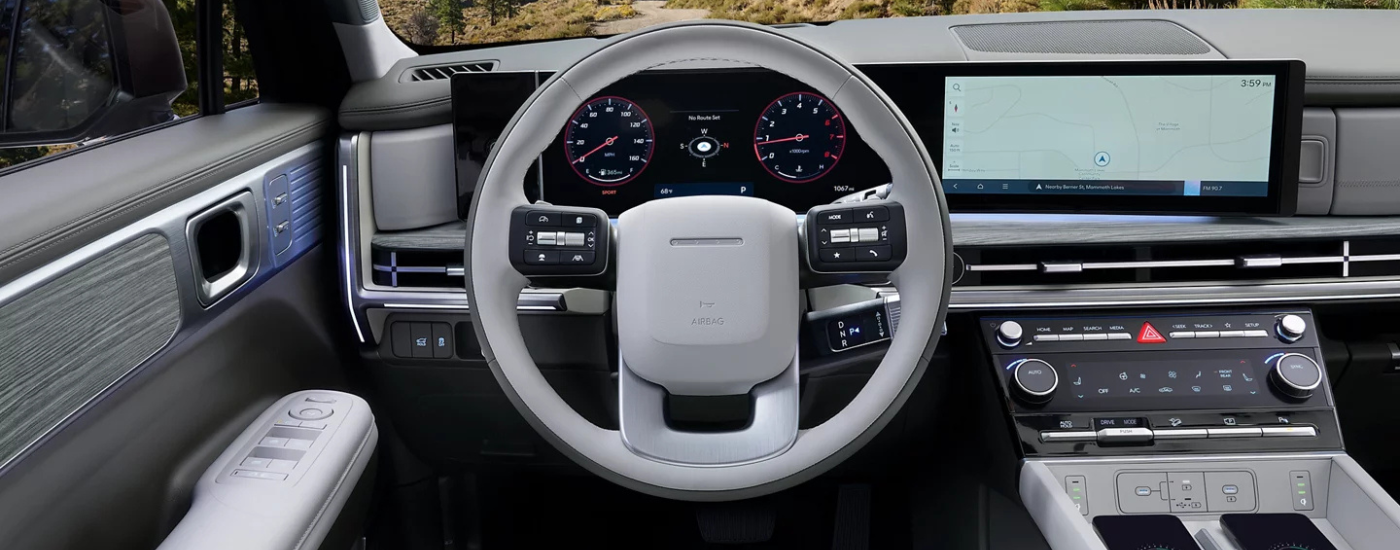 White and black interior of a 2026 Hyundai Santa Fe