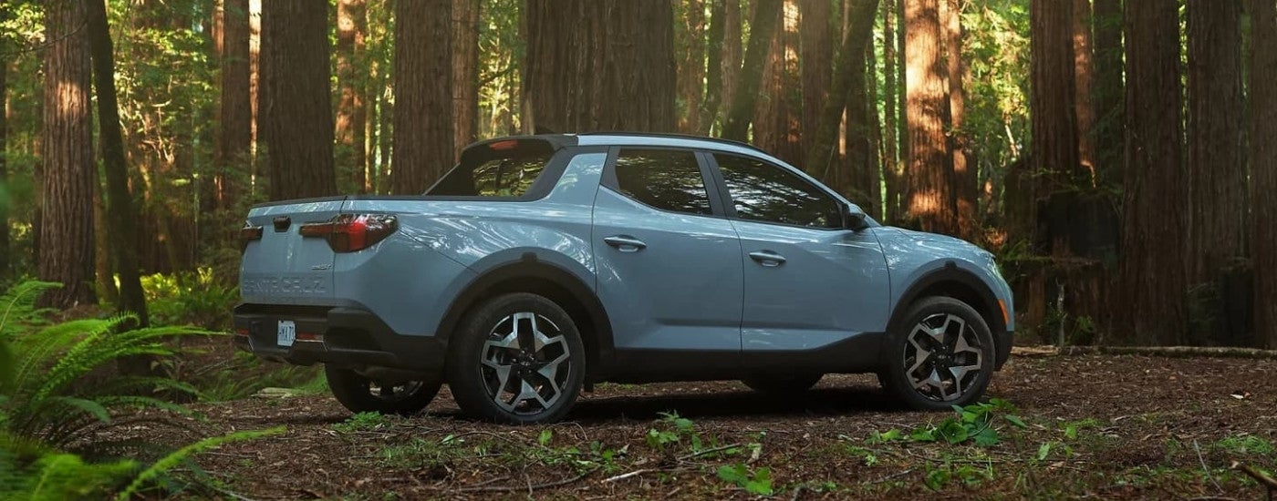 A blue 2022 Hyundai Santa Cruz is shown from the side parked in the woods.