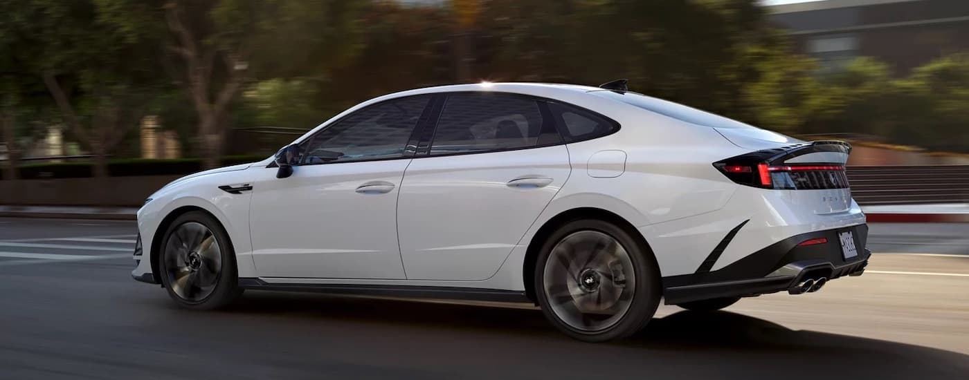 A white 2025 Hyundai Sonata N-Line is shown form the side after leaving a Hyundai dealer near Kenosha.